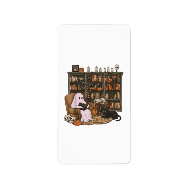 Ghost Reading Bok Cat lover Halloween Adressetikett (Framsidan)