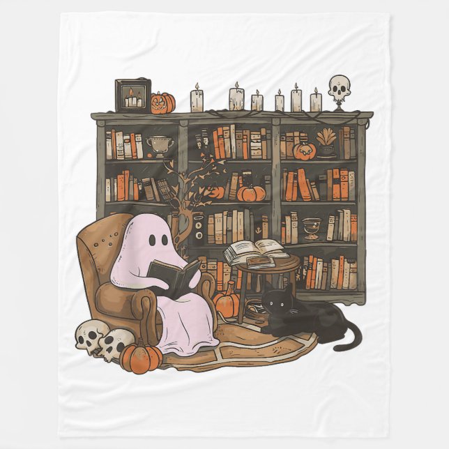 Ghost Reading Bok Cat lover Halloween Fleecefilt (Framsidan)