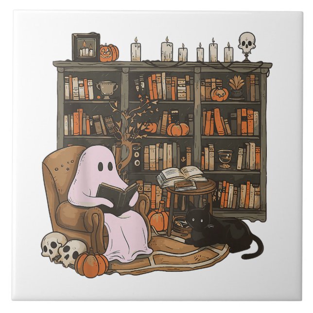 Ghost Reading Bok Cat lover Halloween Kakelplatta (Framsidan)
