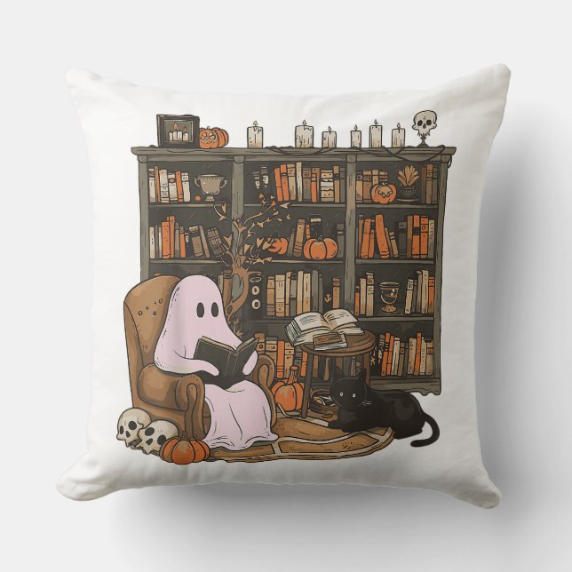 Ghost Reading Bok Cat lover Halloween Kudde (Framsida)