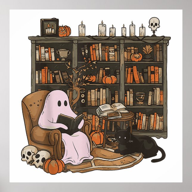 Ghost Reading Bok Cat lover Halloween Poster (Framsidan)