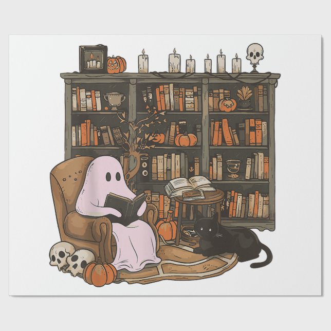 Ghost Reading Bok Cat lover Halloween Presentpapper (Platt)