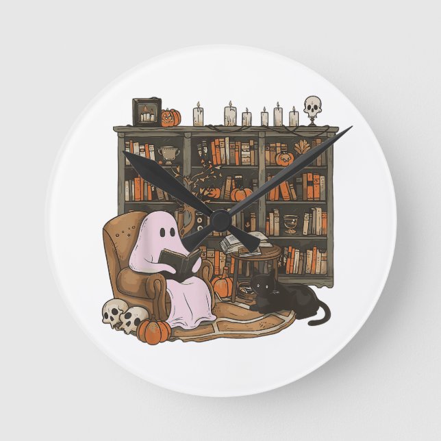 Ghost Reading Bok Cat lover Halloween Rund Klocka (Framsida)