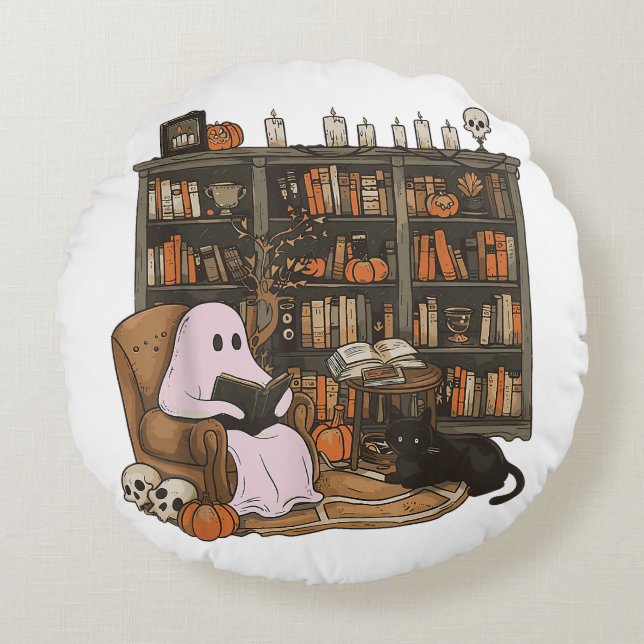 Ghost Reading Bok Cat lover Halloween Rund Kudde (Framsidan)