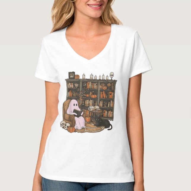 Ghost Reading Bok Cat lover Halloween T Shirt (Framsida)