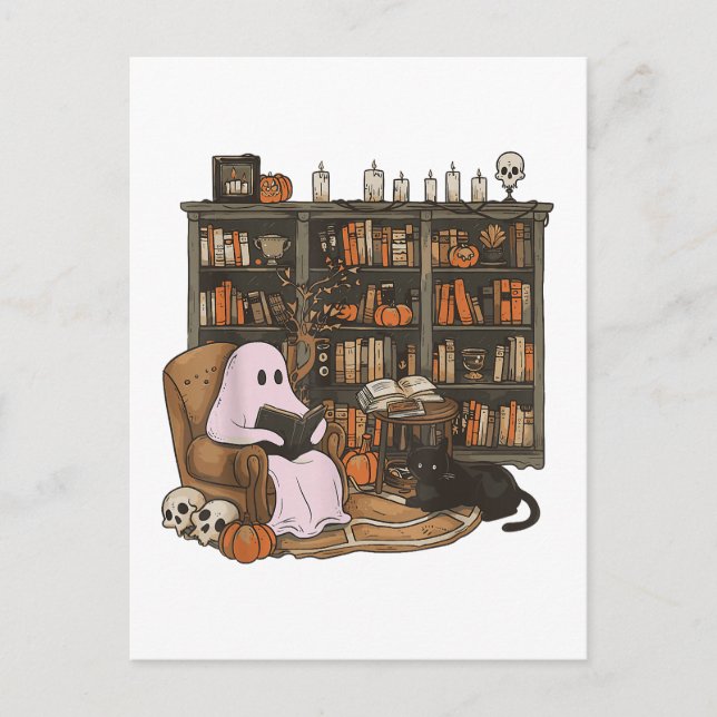 Ghost Reading Bok Cat lover Halloween Vykort (Framsida)