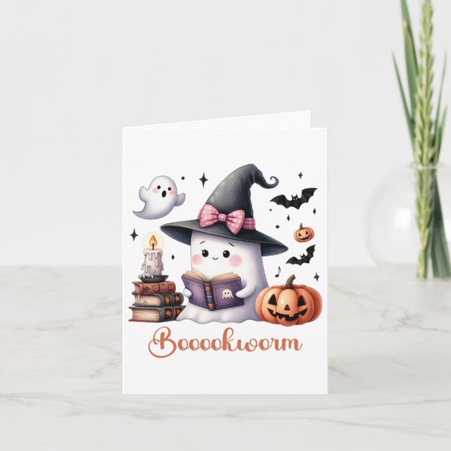 Ghost Reading Bok Coquette Bow Halloween Girl Tod Kort (Framsida)