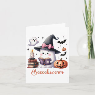 Ghost Reading Bok Coquette Bow Halloween Girl Tod Kort