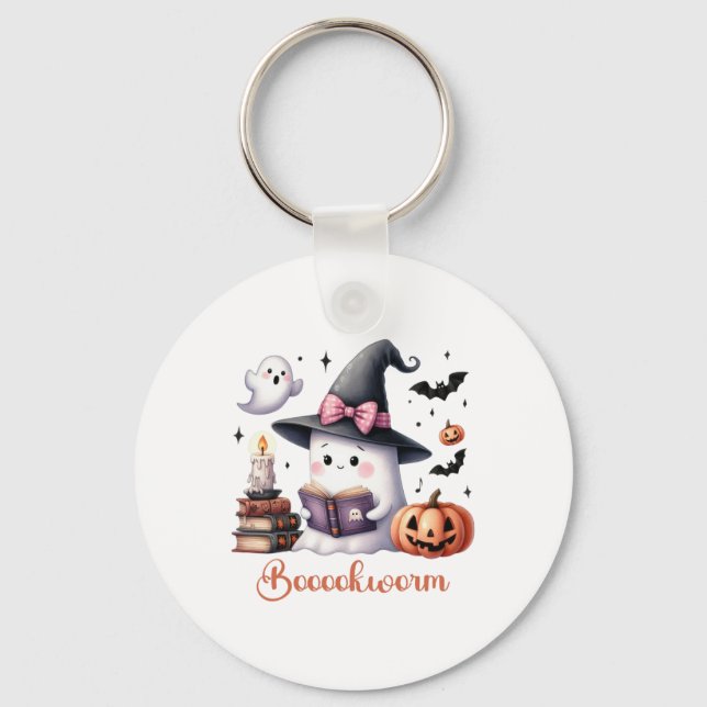 Ghost Reading Bok Coquette Bow Halloween Girl Tod Nyckelring (Framsida)