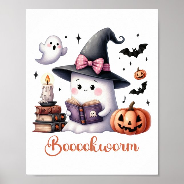 Ghost Reading Bok Coquette Bow Halloween Girl Tod Poster (Framsidan)