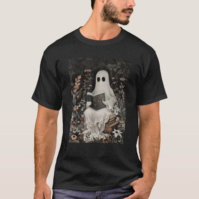 Ghost Reading Bok Forest Blommigt Gothic Halloween T Shirt (Framsida)