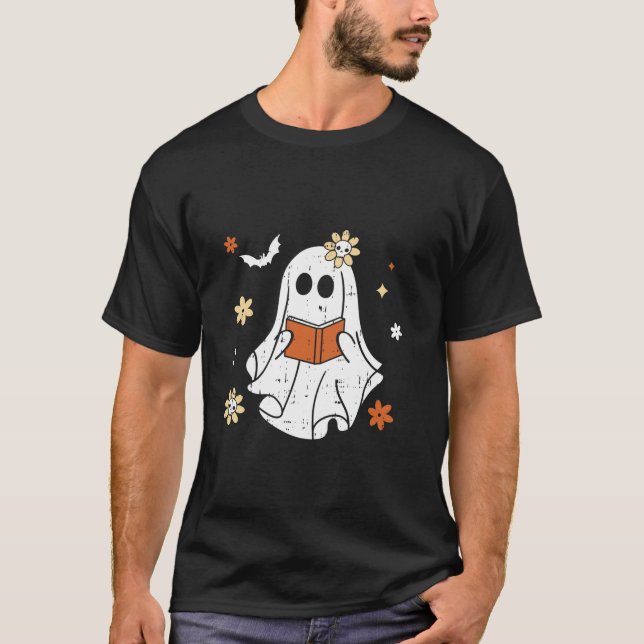 Ghost Reading Bok Halloween Design Design Teacher  T Shirt (Framsida)