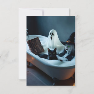 Ghost Reading Bok i Bathtub och Black Cat Bubbl Spara Datumet