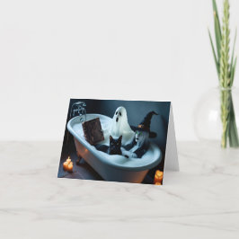 Ghost Reading Bok i Bathtub och Black Cat Bubbl Tack Kort