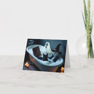 Ghost Reading Bok i Bathtub och Black Cat Bubbl Tack Kort