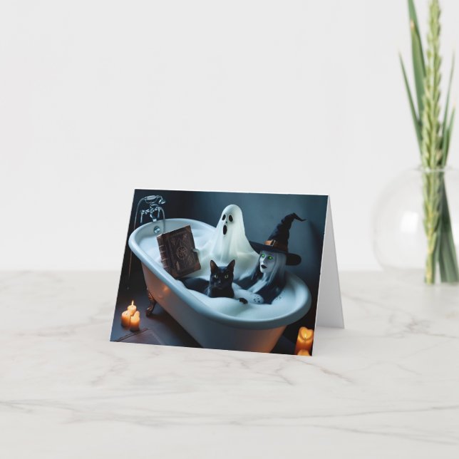 Ghost Reading Bok i Bathtub och Black Cat Bubbl Tack Kort (Framsida)