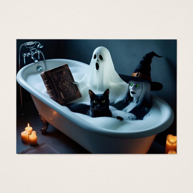 Ghost Reading Bok i Bathtub och Black Cat Bubbl Visitkort (Framsidan)