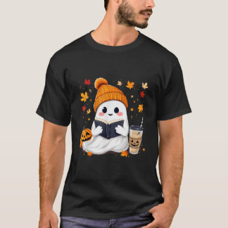 Ghost Reading Bok med Höst löv Halloween Ghos T Shirt