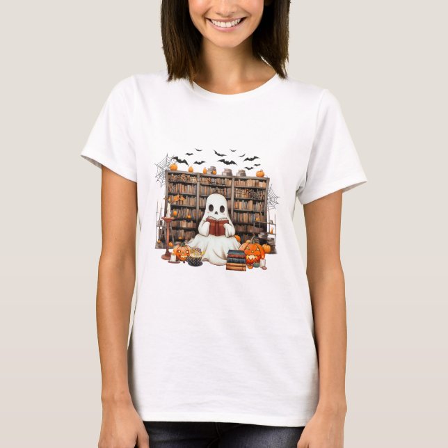 Ghost Reading Bokar Bookish Teacher Halloween-kost T Shirt (Framsida)