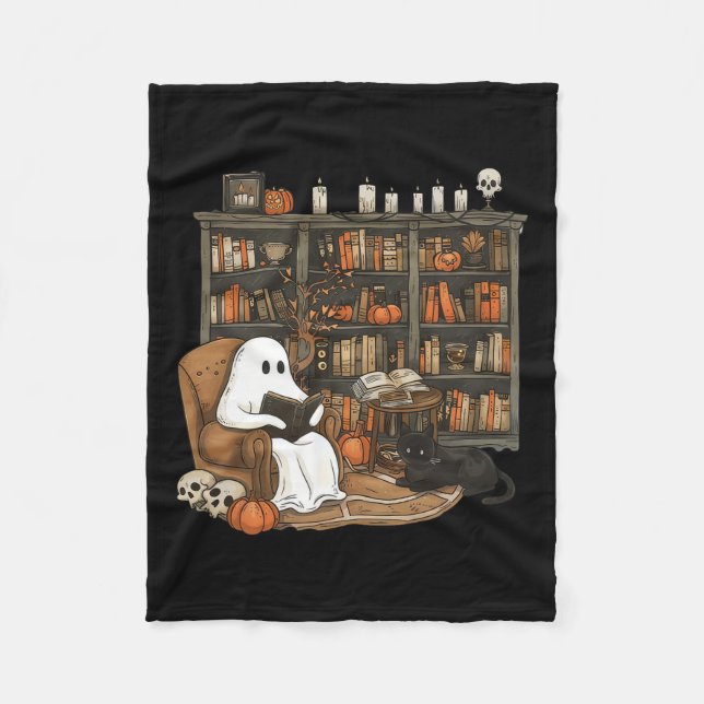 Ghost Reading Bokar Librarian Teacher Halloween Fleecefilt (Framsidan)