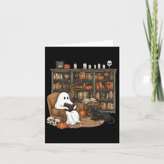Ghost Reading Bokar Librarian Teacher Halloween Kort (Framsida)