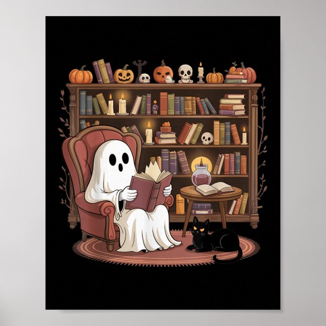 Ghost Reading Book Lovers Halloween Spooky Library Poster (Framsidan)