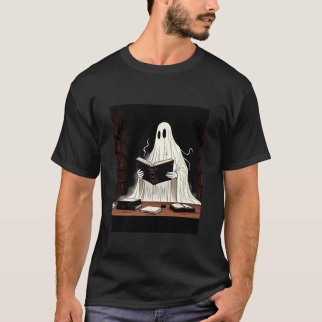 Ghost Reading in Library Scary Book Lover Hallowee T Shirt (Framsida)