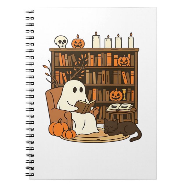 Ghost Reading in Mysigt Halloween Bibliotek Classi Anteckningsbok (Framsidan)