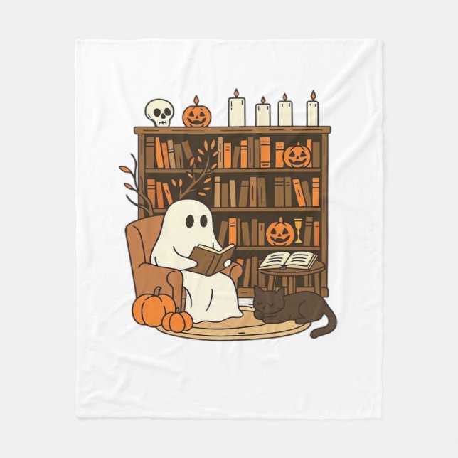Ghost Reading in Mysigt Halloween Bibliotek Classi Fleecefilt (Framsidan)