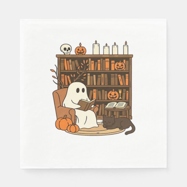 Ghost Reading in Mysigt Halloween Bibliotek Classi Pappersservett (Framsidan)