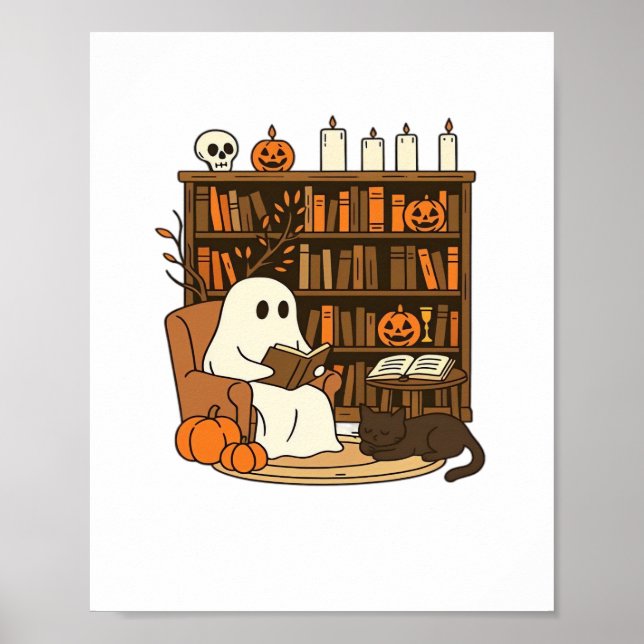 Ghost Reading in Mysigt Halloween Bibliotek Classi Poster (Framsidan)