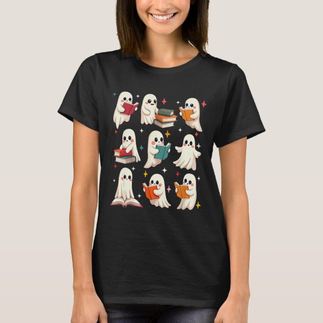 Ghost Reading Teacher Halloween Costume Librarian T Shirt (Framsida)