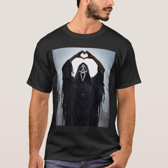 Ghost Red Heart Hands Y Face Halloween Valentines  T Shirt (Framsida)