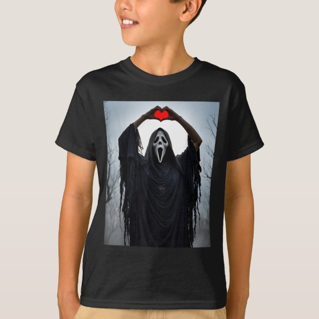Ghost Red Heart Hands Y Face Halloween Valentines  T Shirt (Framsida)