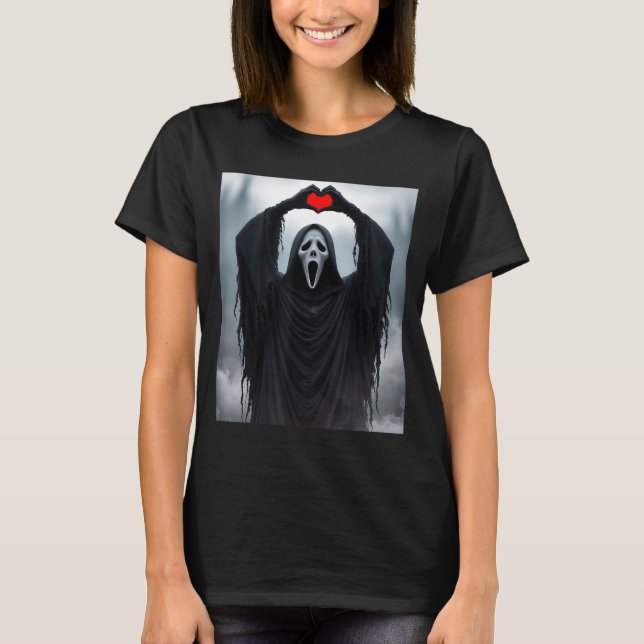 Ghost Red Heart Hands Y Face Halloween Valentines  T Shirt (Framsida)