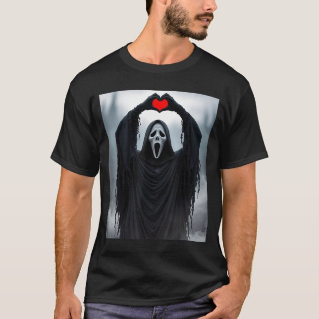 Ghost Red Heart Hands Y Face Halloween Valentines  T Shirt (Framsida)