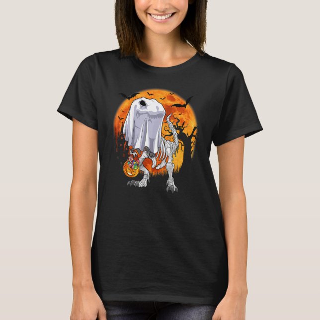 Ghost Rex Skeleton Dino Bones Boo Halloween Boys P T Shirt (Framsida)