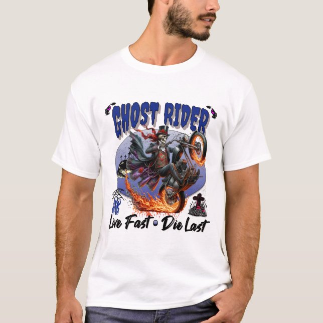 Ghost Rider Skeleton Riding Flaming Motorcle T Shirt (Framsida)