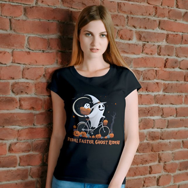 Ghost Riding Bicycle Funny Womens Halloween T Shirt (Pedal faster, Ghost Rider! Embrace Halloween fun with this cute vintage ghost tee!)