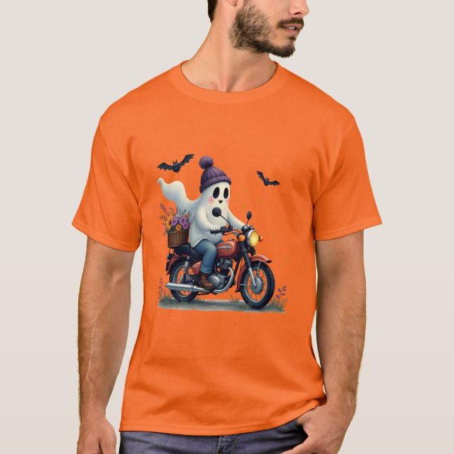 Ghost Riding Motorcycle med Flowers Halloween T Shirt (Framsida)