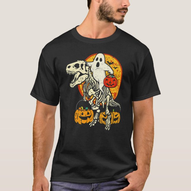 Ghost Riding Skull Dinosaur Halloween Skeleton Rex T Shirt (Framsida)