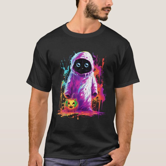 Ghost Scary Halloween Black Cat Pumpkin T Shirt (Framsida)