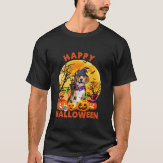 Ghost Scary Pumpkin Måne Witch Beagle Hund Lycklig T Shirt