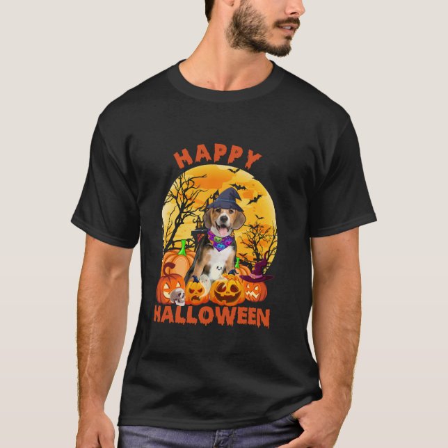 Ghost Scary Pumpkin Måne Witch Beagle Hund Lycklig T Shirt (Framsida)