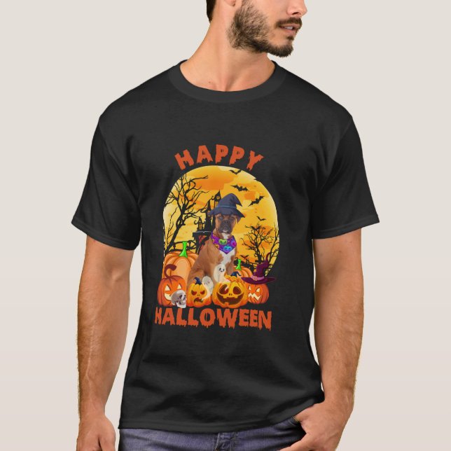 Ghost Scary Pumpkin Måne Witch Boxer Hund Hal T Shirt (Framsida)