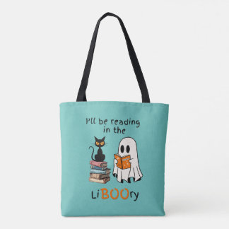 Ghost som läser Bok Tote Bag och Black Cat Friend Tygkasse