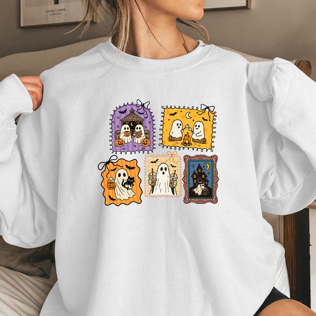 Ghost Stamps Women’s Halloween Sweatshirt | Cute C T Shirt (Cute Halloween ghost stamp design)