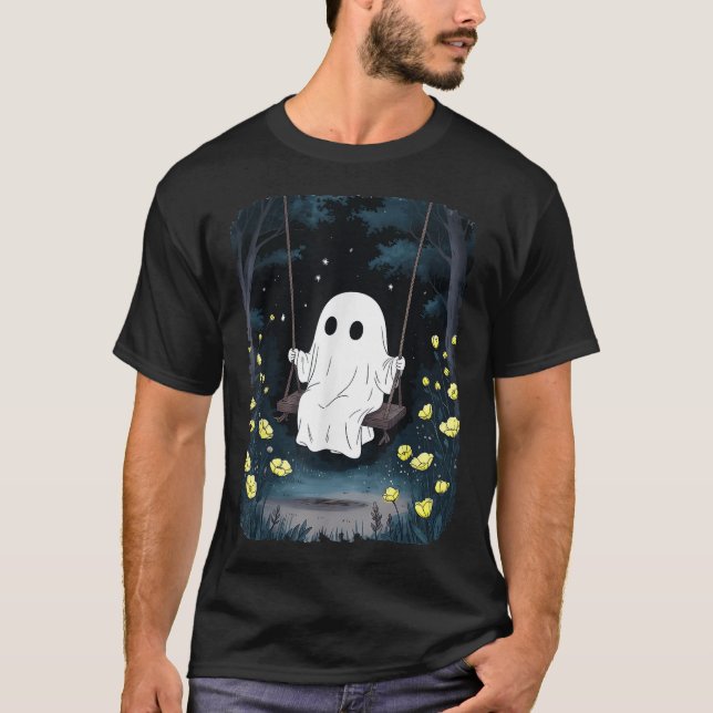 Ghost Swinging in Forest Night Halloween Blommigt T Shirt (Framsida)