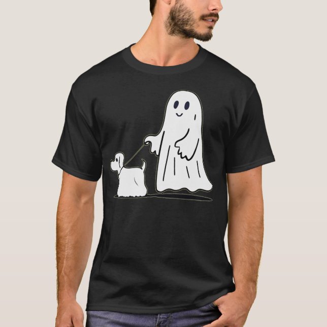 Ghost Walking Dog Halloween T Shirt (Framsida)