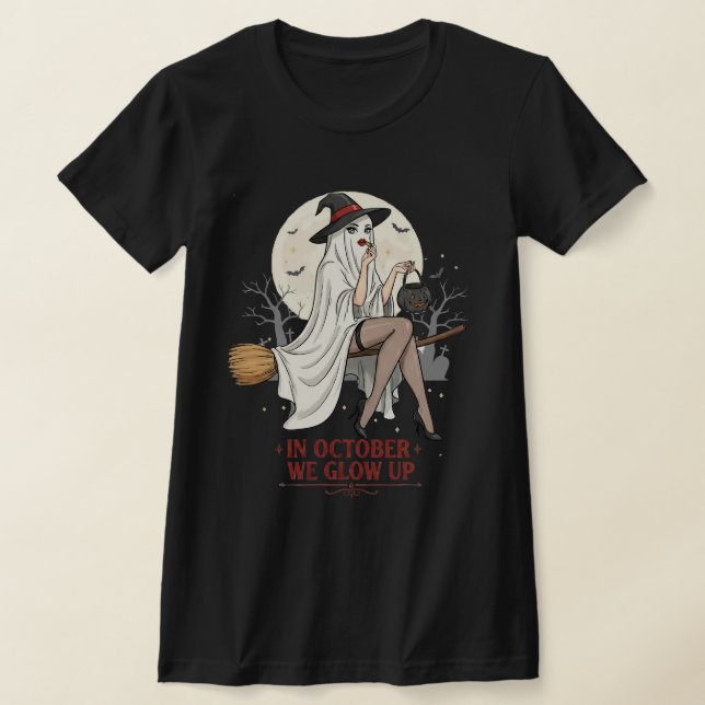 Ghost Witch Broom Ride – Halloween  T Shirt (Laydown)